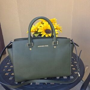 MICHAEL KORS Dark Green Saffiano Leather Satchel